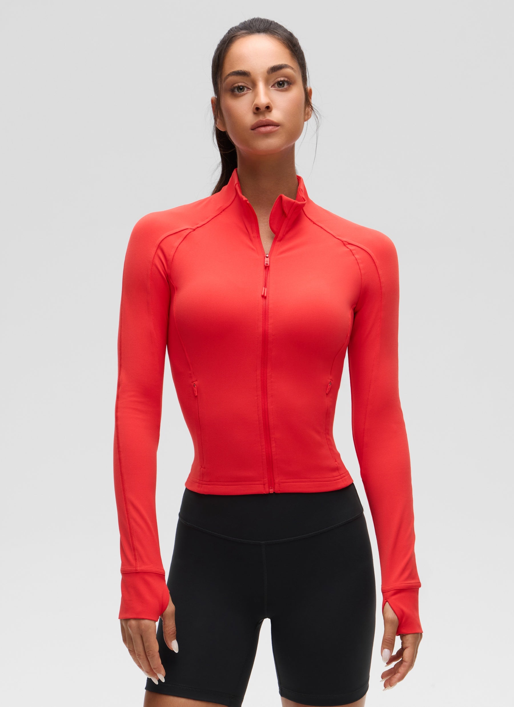 CRZ YOGA Wanita Butterluxe Jaket Pakaian Luar Berzip Penuh Berpoket Potong Merah Tua