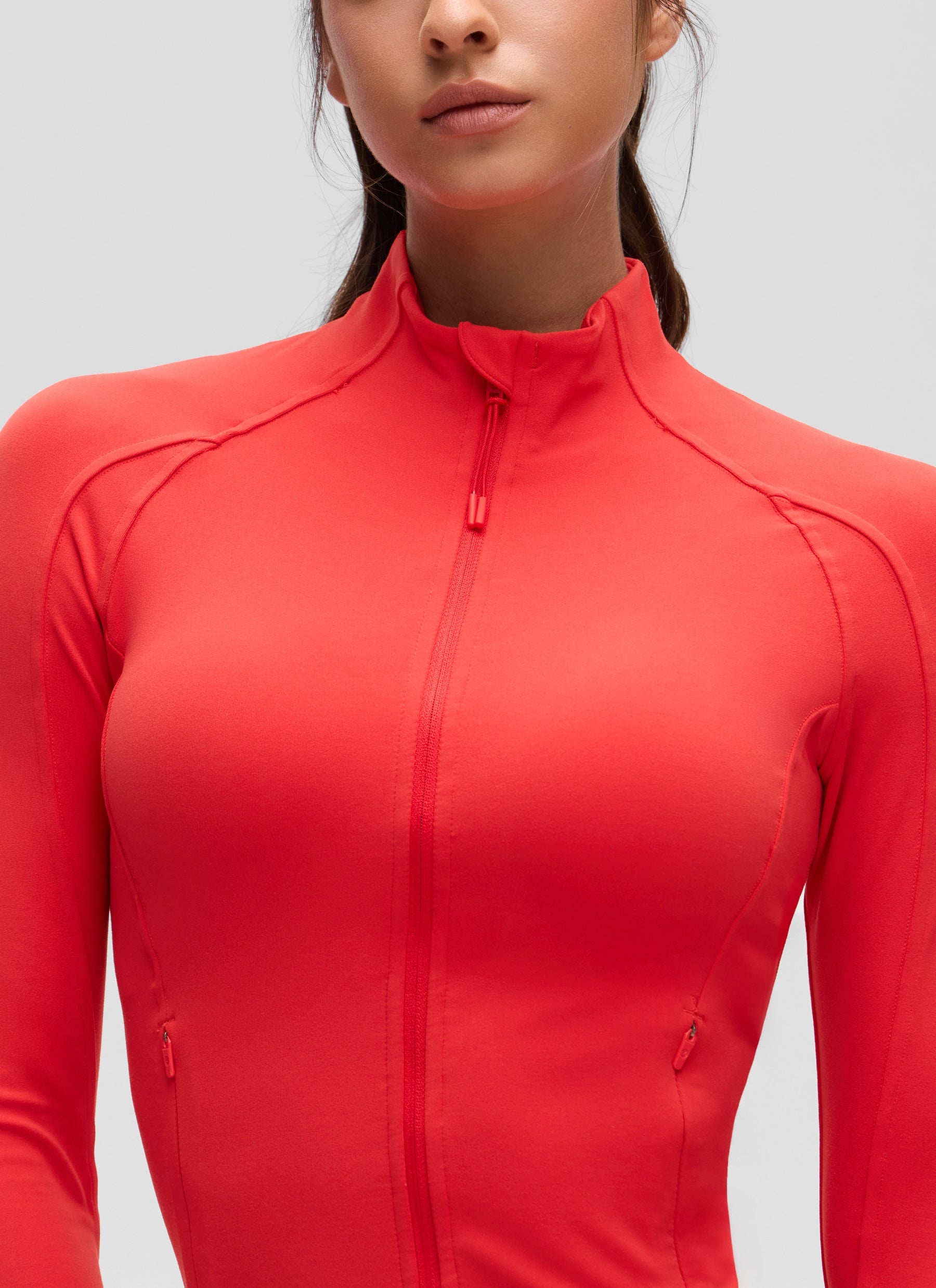 CRZ YOGA Wanita Butterluxe Jaket Pakaian Luar Berzip Penuh Berpoket Potong Merah Tua