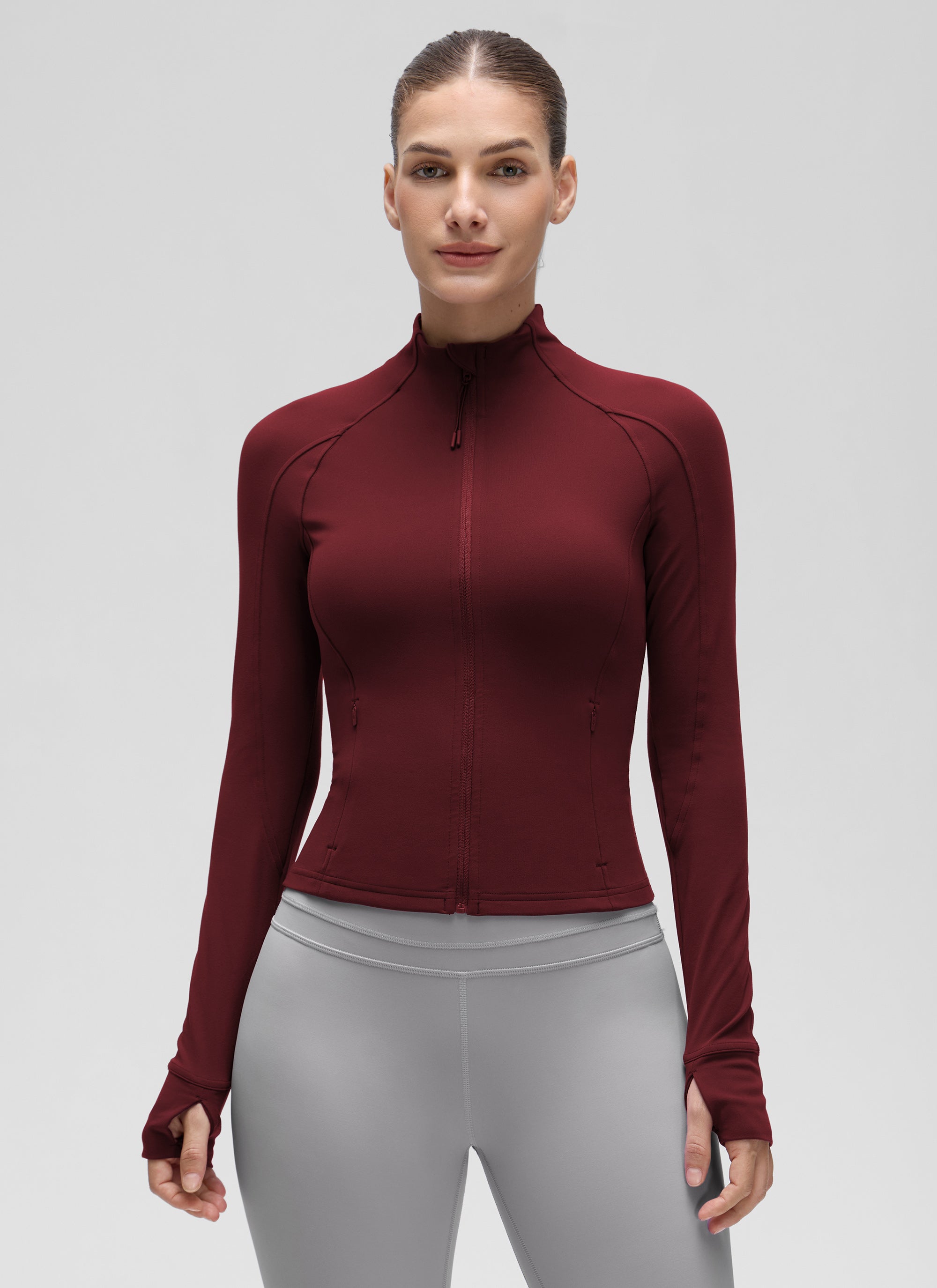 CRZ YOGA Wanita Butterluxe Jaket Pakaian Luar Berzip Penuh Berpoket Potongan Merah Merlot