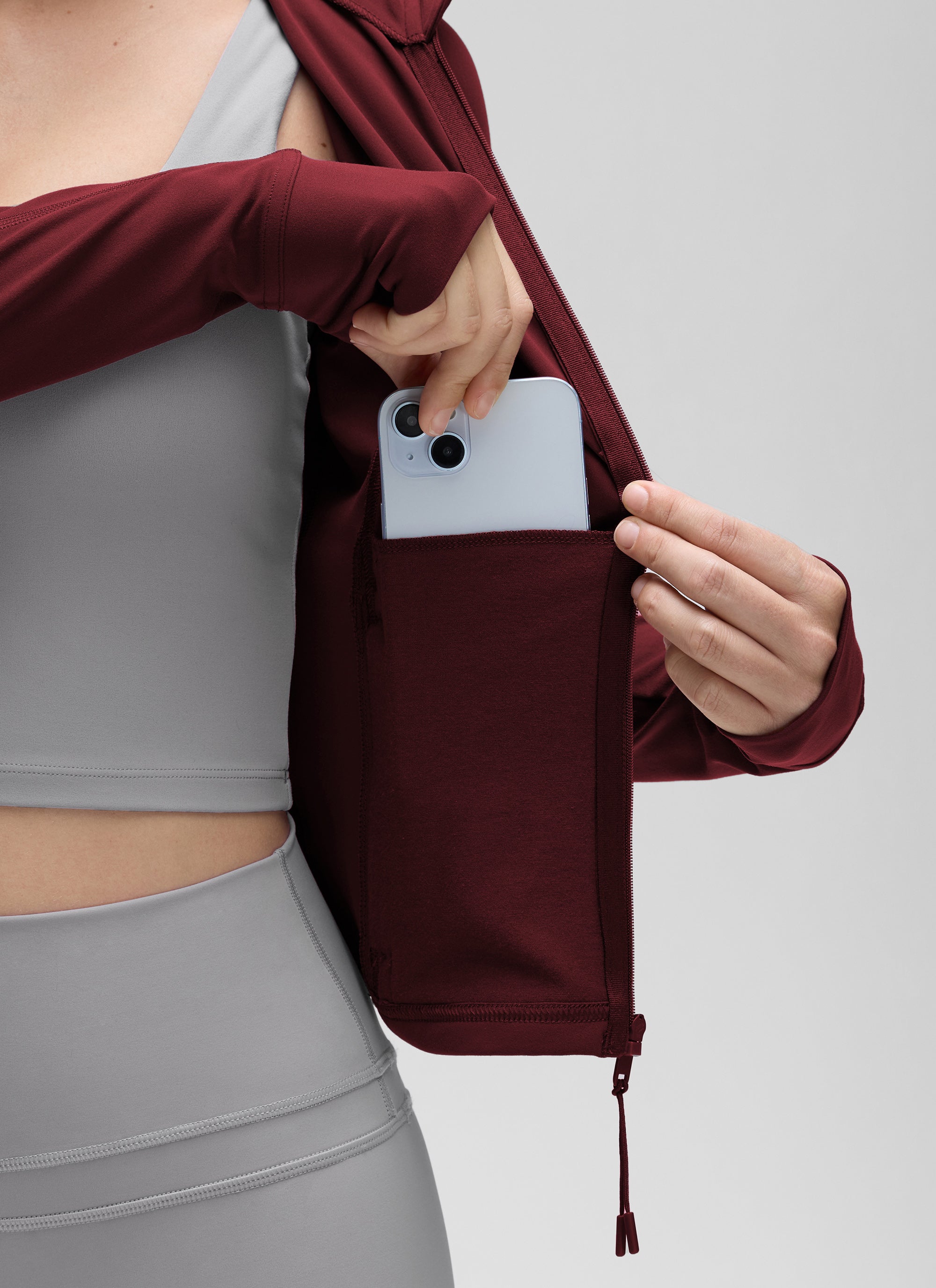 CRZ YOGA Wanita Butterluxe Jaket Pakaian Luar Berzip Penuh Berpoket Potongan Merah Merlot