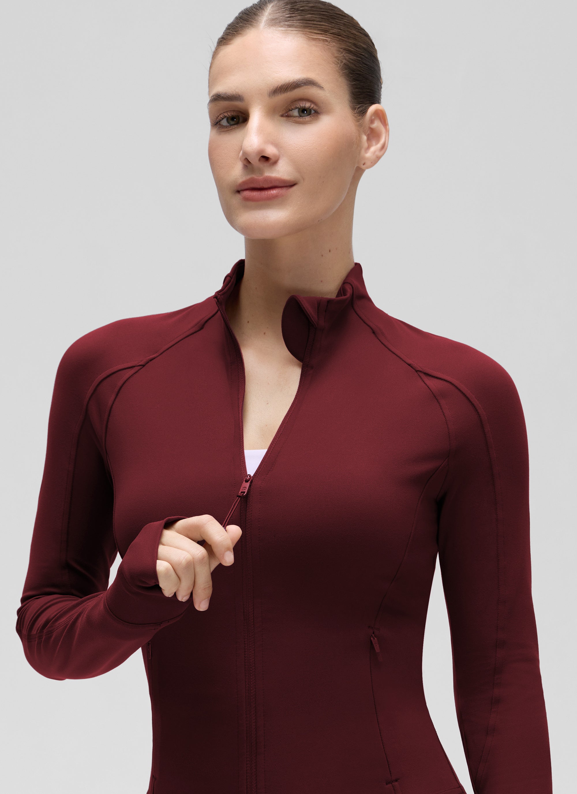 CRZ YOGA Wanita Butterluxe Jaket Pakaian Luar Berzip Penuh Berpoket Potongan Merah Merlot