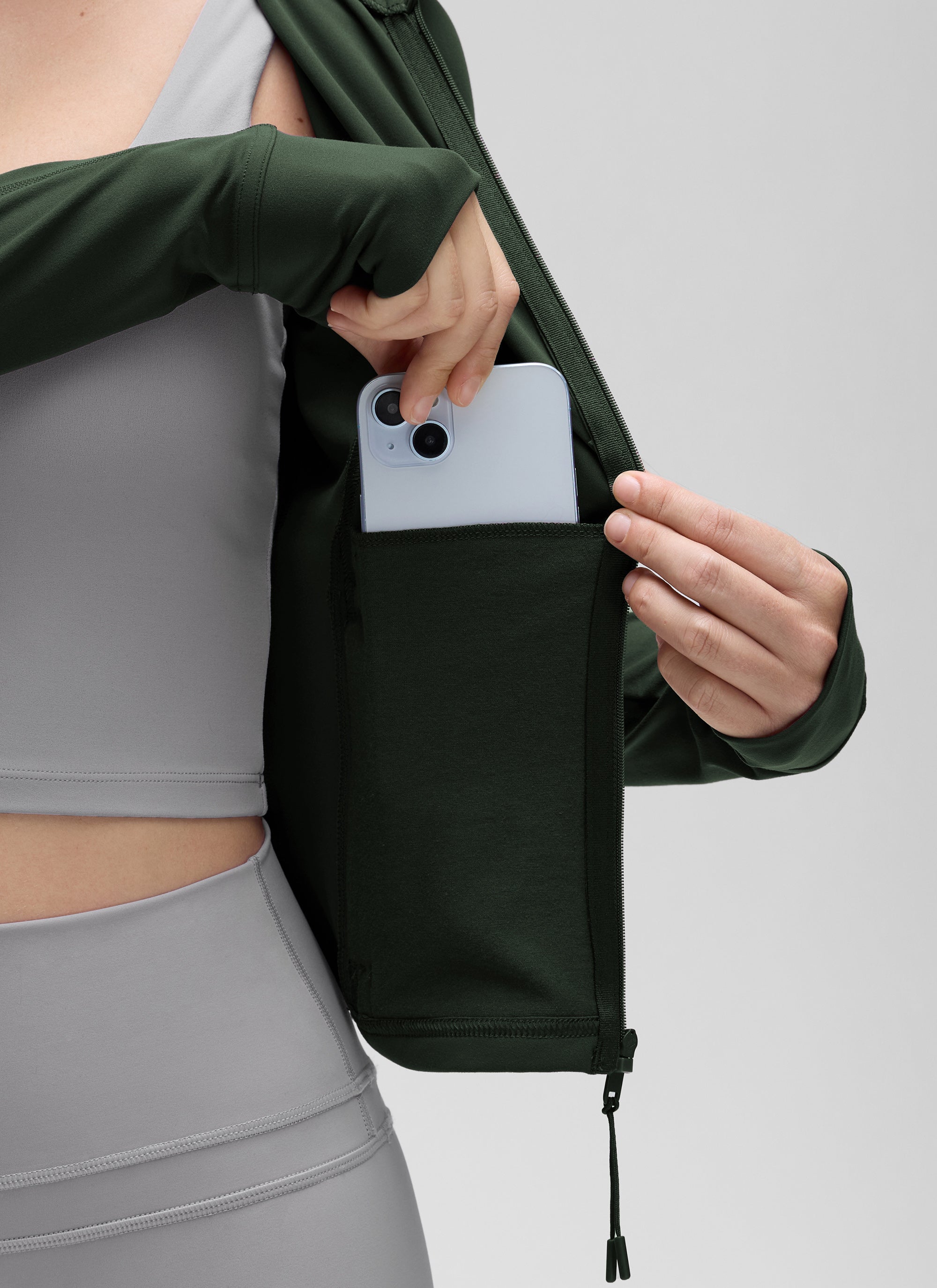 CRZ YOGA Wanita Butterluxe Jaket Pakaian Luar Berzip Penuh Poket Potongan Hijau Legenda