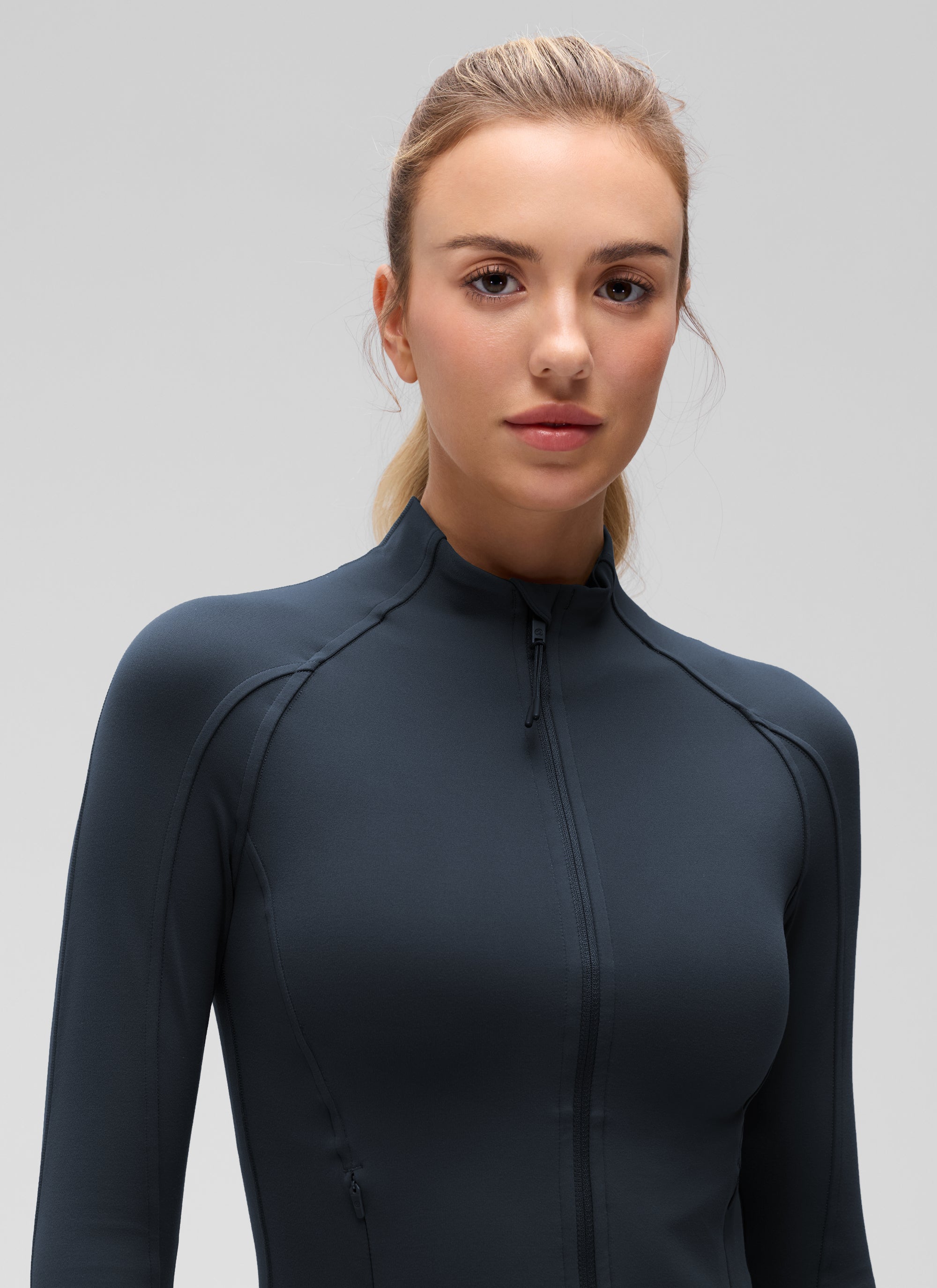 CRZ YOGA Wanita Butterluxe Jaket Pakaian Luar Berzip Penuh Berpoket Potongan Warna Biru Laut Sejati