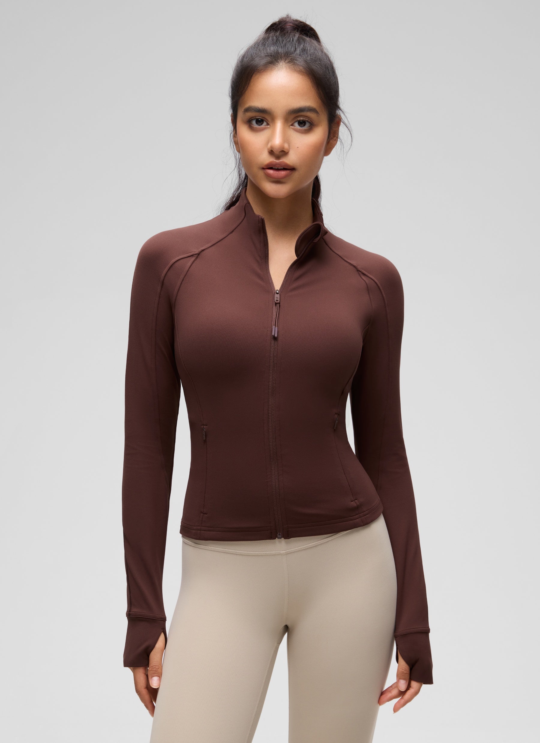 CRZ YOGA Wanita Butterluxe Jaket Pakaian Luar Berzip Penuh Berpoket Potong Warna Taupe