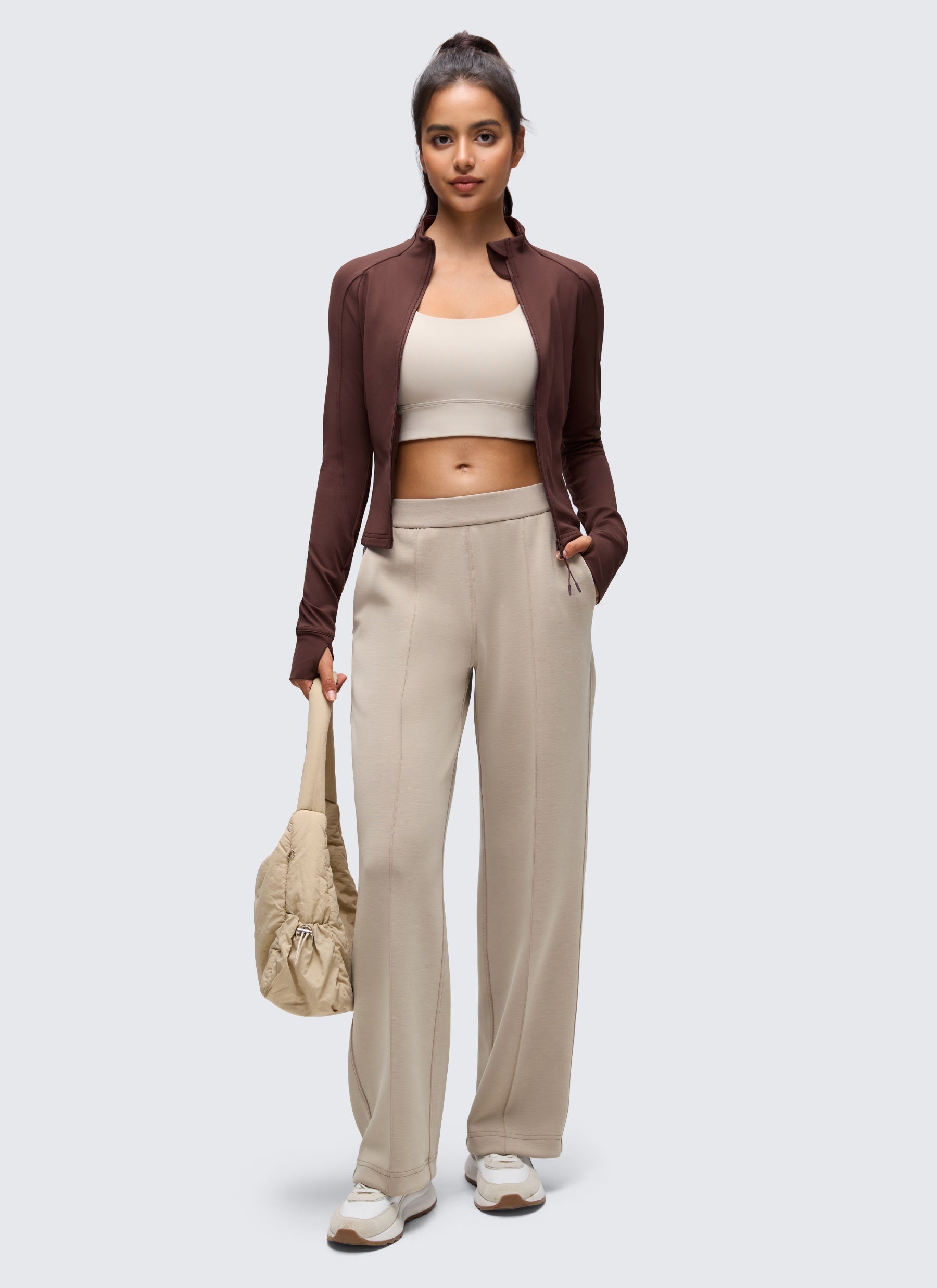 CRZ YOGA Wanita Butterluxe Jaket Pakaian Luar Berzip Penuh Berpoket Potong Warna Taupe