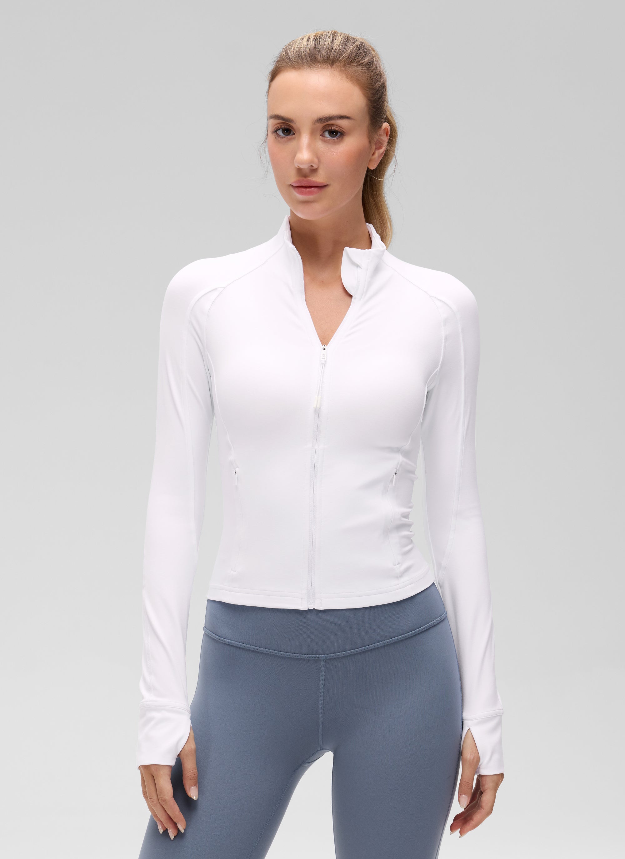CRZ YOGA Wanita Butterluxe Jaket Pakaian Luar Berzip Penuh Berpoket Potong Putih