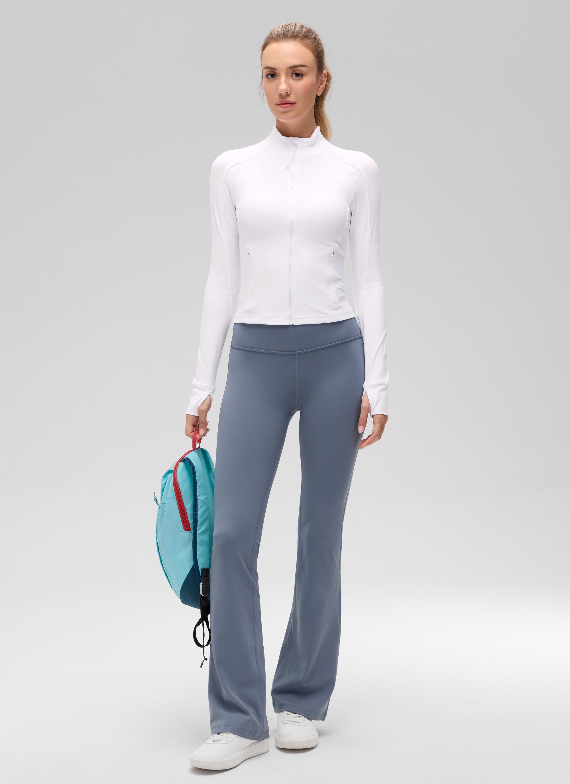 CRZ YOGA Wanita Butterluxe Jaket Pakaian Luar Berzip Penuh Berpoket Potong Putih