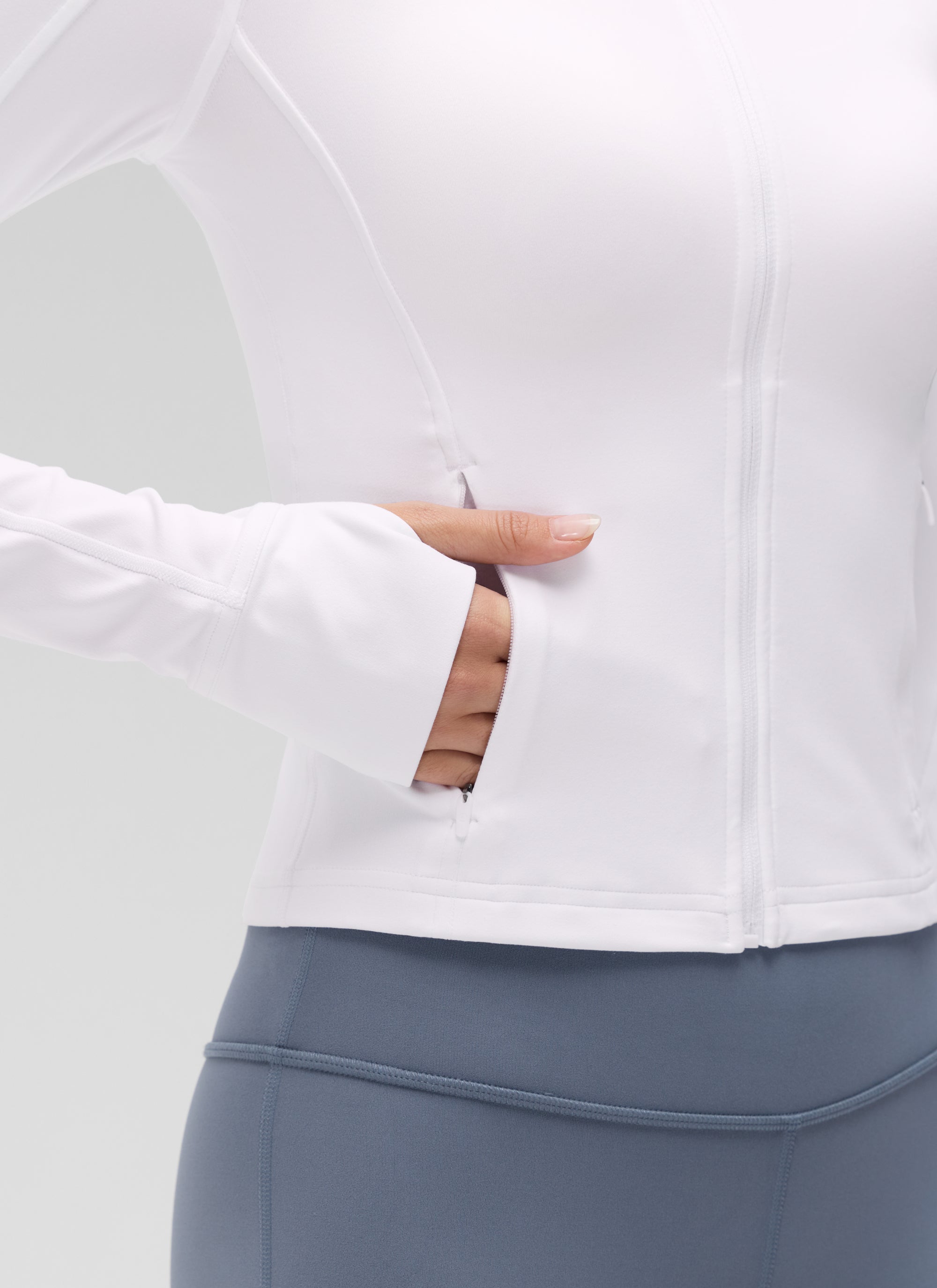 CRZ YOGA Wanita Butterluxe Jaket Pakaian Luar Berzip Penuh Berpoket Potong Putih