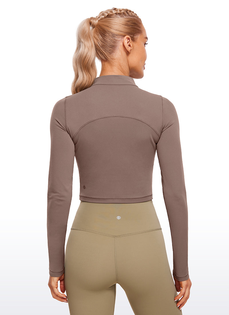 CRZ YOGA レディース スリムフィットButterluxe クロップトップ 長袖 モックタートルネック ブラウン・パープル
