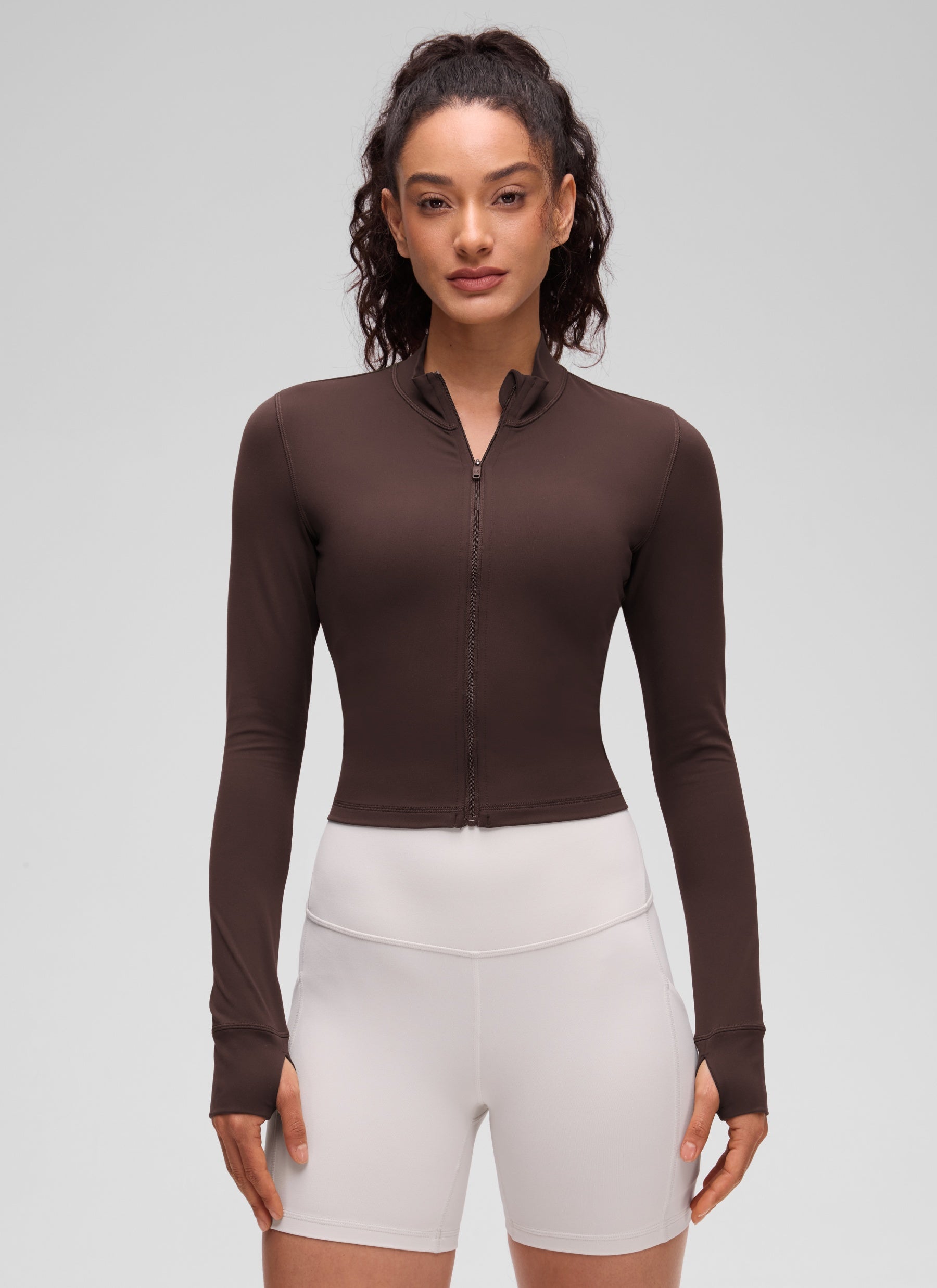 Áo khoác ngoài Butterluxe dành cho nữ của CRZ YOGA, có khóa kéo toàn bộ, màu nâu sô-cô-la nóng
