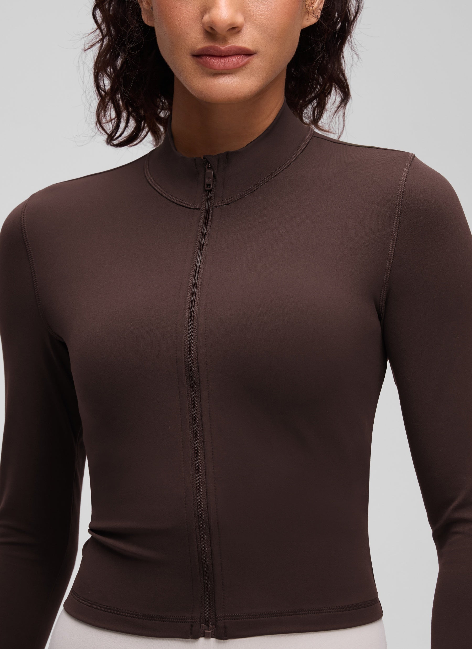 Áo khoác ngoài Butterluxe dành cho nữ của CRZ YOGA, có khóa kéo toàn bộ, màu nâu sô-cô-la nóng