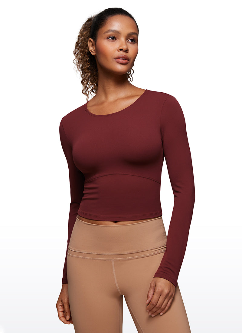 CRZ YOGA Women's Slim Fit Yoga Butterluxe Crop Long Sleeves Front Seam Noctilucence Red